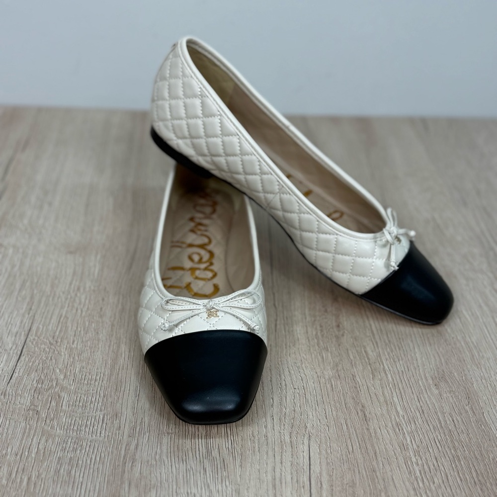 Sam Edelman Ivory Quilted Flats with Black Cap Toe